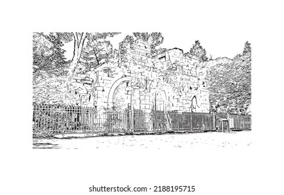 Der Blick auf das Gebäude mit Wahrzeichen von Nîmes ist der 
Gemeinde in Frankreich. Handgezeichnete Skizzengrafik in Vektorgrafik.