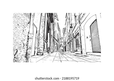 Building view with landmark of Nimes is the 
commune in France. Hand drawn sketch illustration in vector.