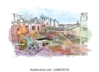Building view with landmark of Nimes is the 
commune in France. Watercolor splash with hand drawn sketch illustration in vector.