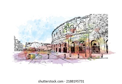 Building view with landmark of Nimes is the 
commune in France. Watercolor splash with hand drawn sketch illustration in vector.