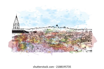 Der Blick auf das Gebäude mit Wahrzeichen von Nîmes ist der 
Gemeinde in Frankreich. Aquarellspritzer mit handgezeichneter Skizzengrafik in Vektorgrafik.