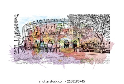 La vista de construcción con el punto de referencia de Nimes es la 
comuna en Francia. Salto de color de agua con ilustración de esbozo dibujada a mano en vector.