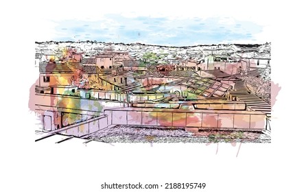 La vista de construcción con el punto de referencia de Nimes es la 
comuna en Francia. Salto de color de agua con ilustración de esbozo dibujada a mano en vector.
