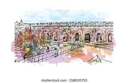 La vista de construcción con el punto de referencia de Nimes es la 
comuna en Francia. Salto de color de agua con ilustración de esbozo dibujada a mano en vector.