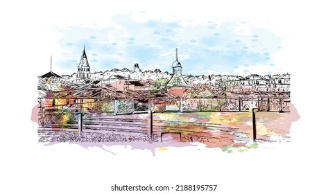 La vista de construcción con el punto de referencia de Nimes es la 
comuna en Francia. Salto de color de agua con ilustración de esbozo dibujada a mano en vector.