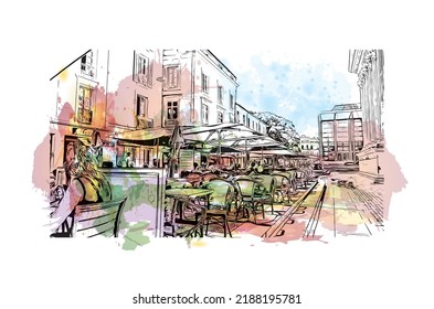 Der Blick auf das Gebäude mit Wahrzeichen von Nîmes ist der 
Gemeinde in Frankreich. Aquarellspritzer mit handgezeichneter Skizzengrafik in Vektorgrafik.
