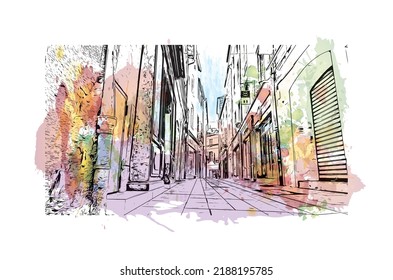 Building view with landmark of Nimes is the 
commune in France. Watercolor splash with hand drawn sketch illustration in vector.