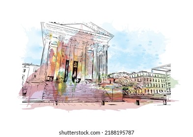 La vista de construcción con el punto de referencia de Nimes es la 
comuna en Francia. Salto de color de agua con ilustración de esbozo dibujada a mano en vector.