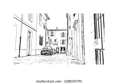 Building view with landmark of Nimes is the 
commune in France. Hand drawn sketch illustration in vector.