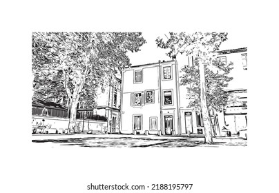 Der Blick auf das Gebäude mit Wahrzeichen von Nîmes ist der 
Gemeinde in Frankreich. Handgezeichnete Skizzengrafik in Vektorgrafik.