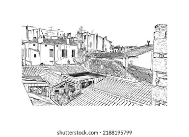 La vista de construcción con el punto de referencia de Nimes es la 
comuna en Francia. Dibujo a mano de ilustración de esbozo en vector.