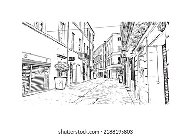 La vista de construcción con el punto de referencia de Nimes es la 
comuna en Francia. Dibujo a mano de ilustración de esbozo en vector.