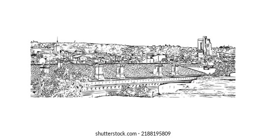 Building view with landmark of Nimes is the 
commune in France. Hand drawn sketch illustration in vector.