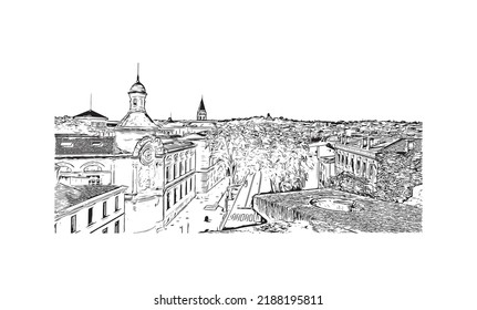 Building view with landmark of Nimes is the 
commune in France. Hand drawn sketch illustration in vector.