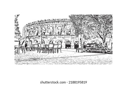 Building view with landmark of Nimes is the 
commune in France. Hand drawn sketch illustration in vector.
