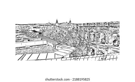 Building view with landmark of Nimes is the 
commune in France. Hand drawn sketch illustration in vector.