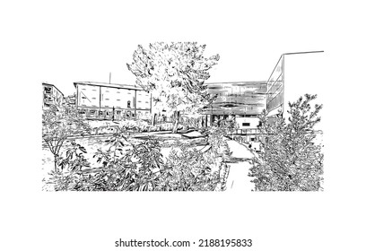 Building view with landmark of Nimes is the 
commune in France. Hand drawn sketch illustration in vector.