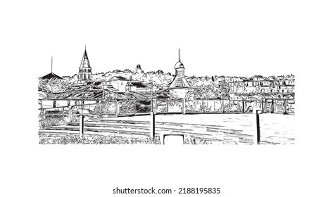 Building view with landmark of Nimes is the 
commune in France. Hand drawn sketch illustration in vector.