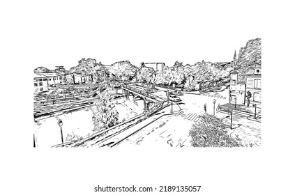 Building view with landmark of Niort is the 
commune in France. Hand drawn sketch illustration in vector.