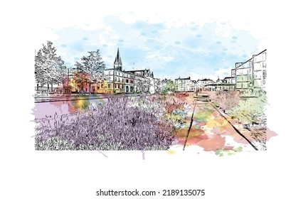 Building view with landmark of Niort is the 
commune in France. Watercolor splash with hand drawn sketch illustration in vector.