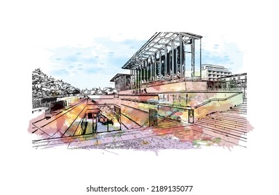 Building view with landmark of Niort is the 
commune in France. Watercolor splash with hand drawn sketch illustration in vector.