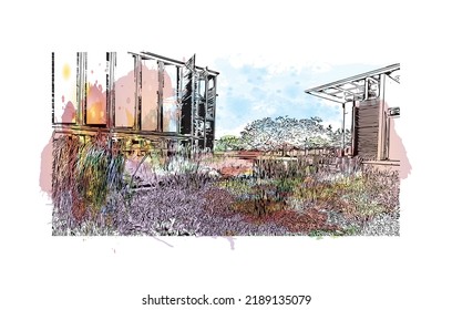 Building view with landmark of Niort is the 
commune in France. Watercolor splash with hand drawn sketch illustration in vector.