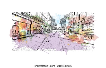 La vista de construcción con el punto de referencia de Niort es el 
comuna en Francia. Salto de color de agua con ilustración de esbozo dibujada a mano en vector.