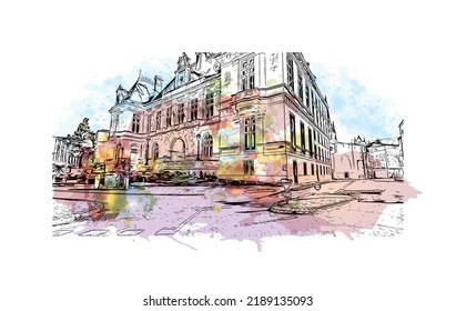 Building view with landmark of Niort is the 
commune in France. Watercolor splash with hand drawn sketch illustration in vector.