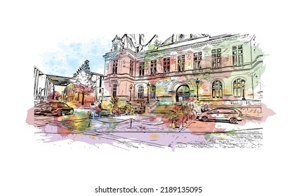 La vista de construcción con el punto de referencia de Niort es el 
comuna en Francia. Salto de color de agua con ilustración de esbozo dibujada a mano en vector.