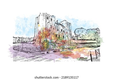 Building view with landmark of Niort is the 
commune in France. Watercolor splash with hand drawn sketch illustration in vector.