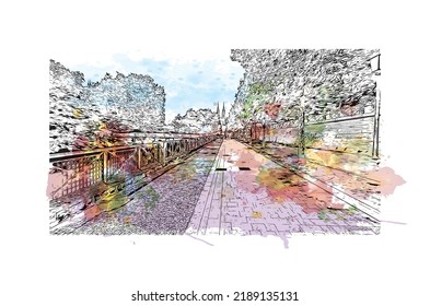 Building view with landmark of Niort is the 
commune in France. Watercolor splash with hand drawn sketch illustration in vector.