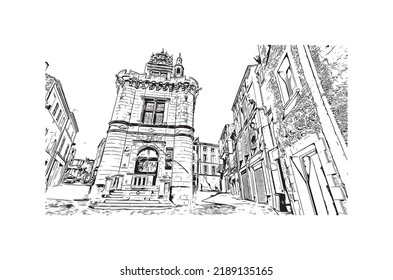 Building view with landmark of Niort is the 
commune in France. Hand drawn sketch illustration in vector.