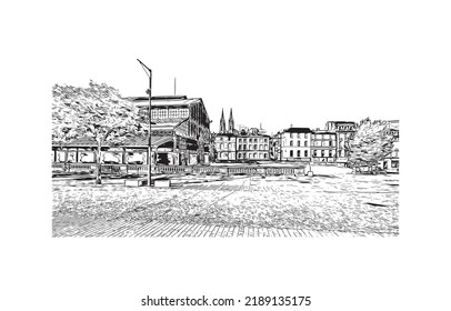 Building view with landmark of Niort is the 
commune in France. Hand drawn sketch illustration in vector.
