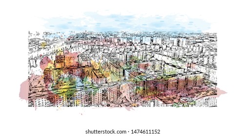 Building view with landmark of Nizhny Novgorod is a large city on the Volga River in western Russia. Watercolor splash with Hand drawn sketch illustration in vector.