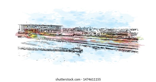Building view with landmark of Nizhny Novgorod is a large city on the Volga River in western Russia. Watercolor splash with Hand drawn sketch illustration in vector.