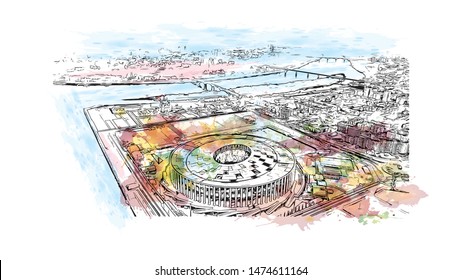 Building view with landmark of Nizhny Novgorod is a large city on the Volga River in western Russia. Watercolor splash with Hand drawn sketch illustration in vector.