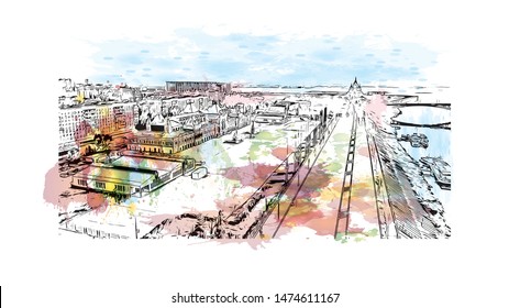 Building view with landmark of Nizhny Novgorod is a large city on the Volga River in western Russia. Watercolor splash with Hand drawn sketch illustration in vector.