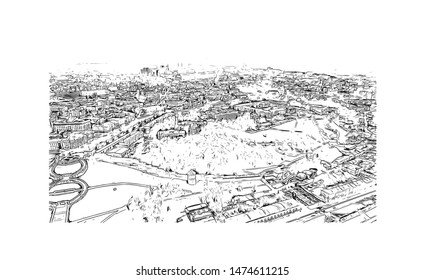 Building view with landmark of Nizhny Novgorod is a large city on the Volga River in western Russia. Hand drawn sketch illustration in vector.
