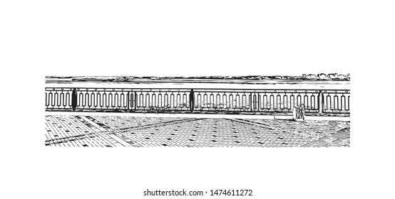 Building view with landmark of Nizhny Novgorod is a large city on the Volga River in western Russia. Hand drawn sketch illustration in vector.