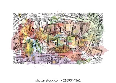 Building view with landmark of Noosa Heads is the 
town in Australia. Watercolor splash with hand drawn sketch illustration in vector.