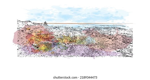 Building view with landmark of Noosa Heads is the 
town in Australia. Watercolor splash with hand drawn sketch illustration in vector.