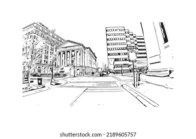 Building view with landmark of Norfolk is the 
city in Virginia. Hand drawn sketch illustration in vector.