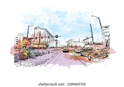 Building view with landmark of Norfolk is the 
city in Virginia. Watercolor splash with hand drawn sketch illustration in vector.