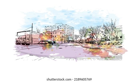 Building view with landmark of Norfolk is the 
city in Virginia. Watercolor splash with hand drawn sketch illustration in vector.