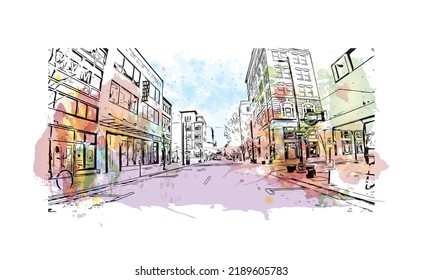 Building view with landmark of Norfolk is the 
city in Virginia. Watercolor splash with hand drawn sketch illustration in vector.