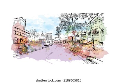 Building view with landmark of Norfolk is the 
city in Virginia. Watercolor splash with hand drawn sketch illustration in vector.