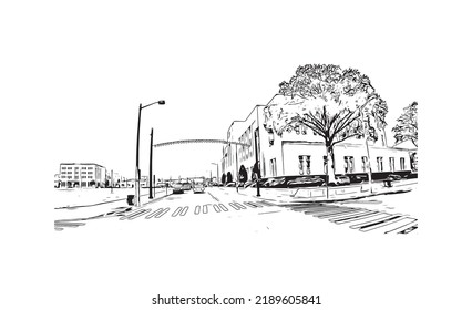 Building view with landmark of Norfolk is the 
city in Virginia. Hand drawn sketch illustration in vector.