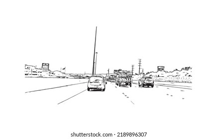 Building view with landmark of North Las Vegas is the 
city in Nevada. Hand drawn sketch illustration in vector.