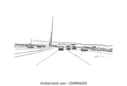 Building view with landmark of North Las Vegas is the 
city in Nevada. Hand drawn sketch illustration in vector.