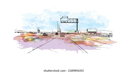 Building view with landmark of North Las Vegas is the 
city in Nevada. Watercolor splash with hand drawn sketch illustration in vector.